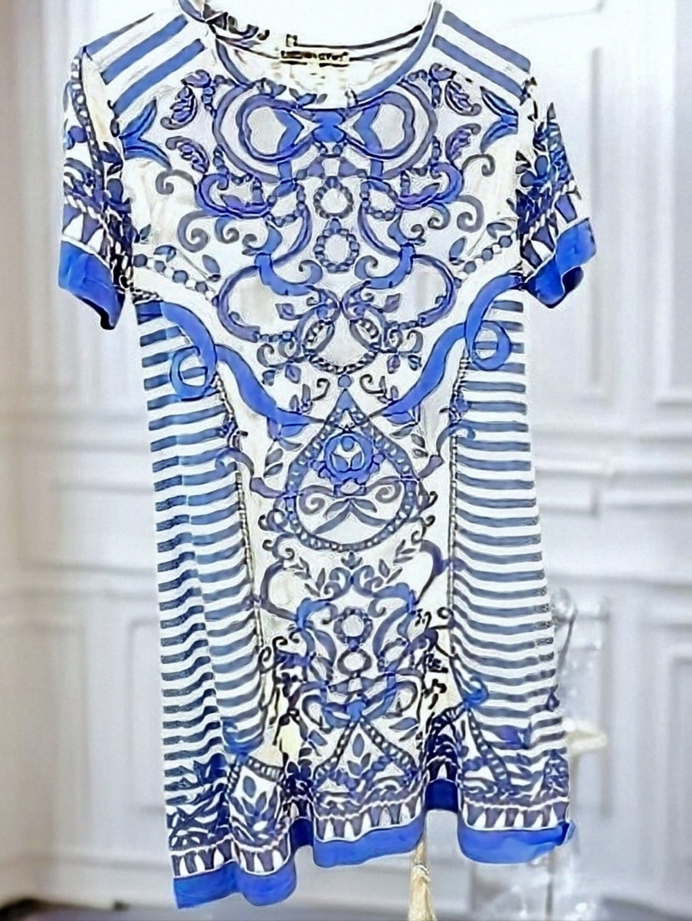 Barbara Gerwit Short Sleeve Scoop Neck Baroque Striped Shift Dress Pockets Sz. L